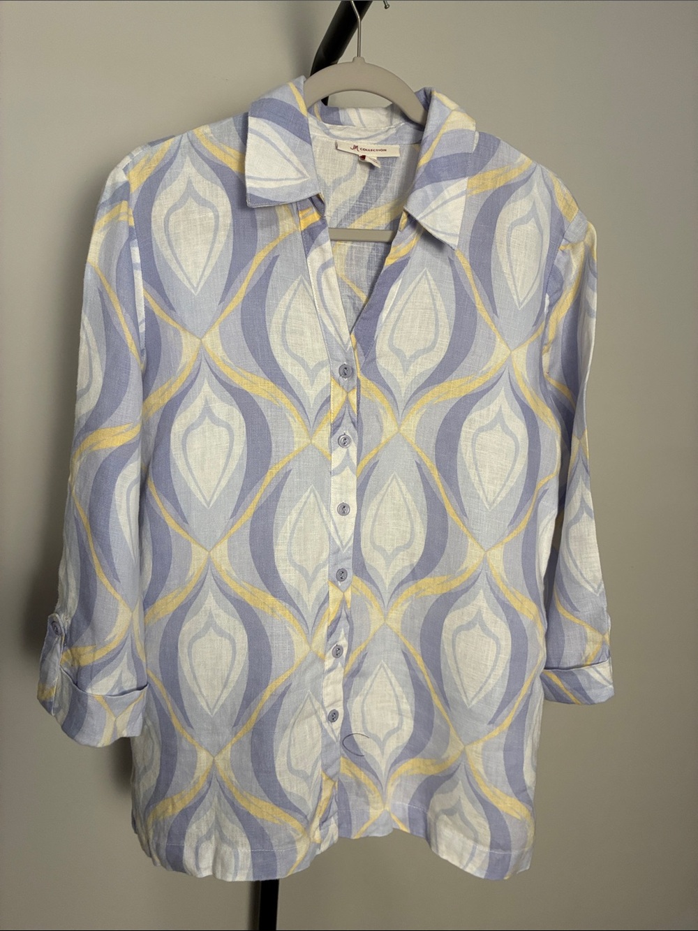 JM Collection 100% Linen Blue, White & Pale Yellow Linen Button-Up Small